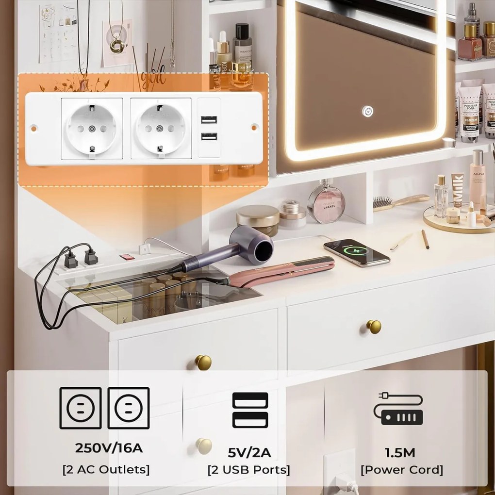 SEA474 - Set Masa toaleta, 98 cm, cosmetica machiaj, oglinda cu LED, masuta vanity cu 2 Porturi USB, si 2 Prize - Alb-Auriu