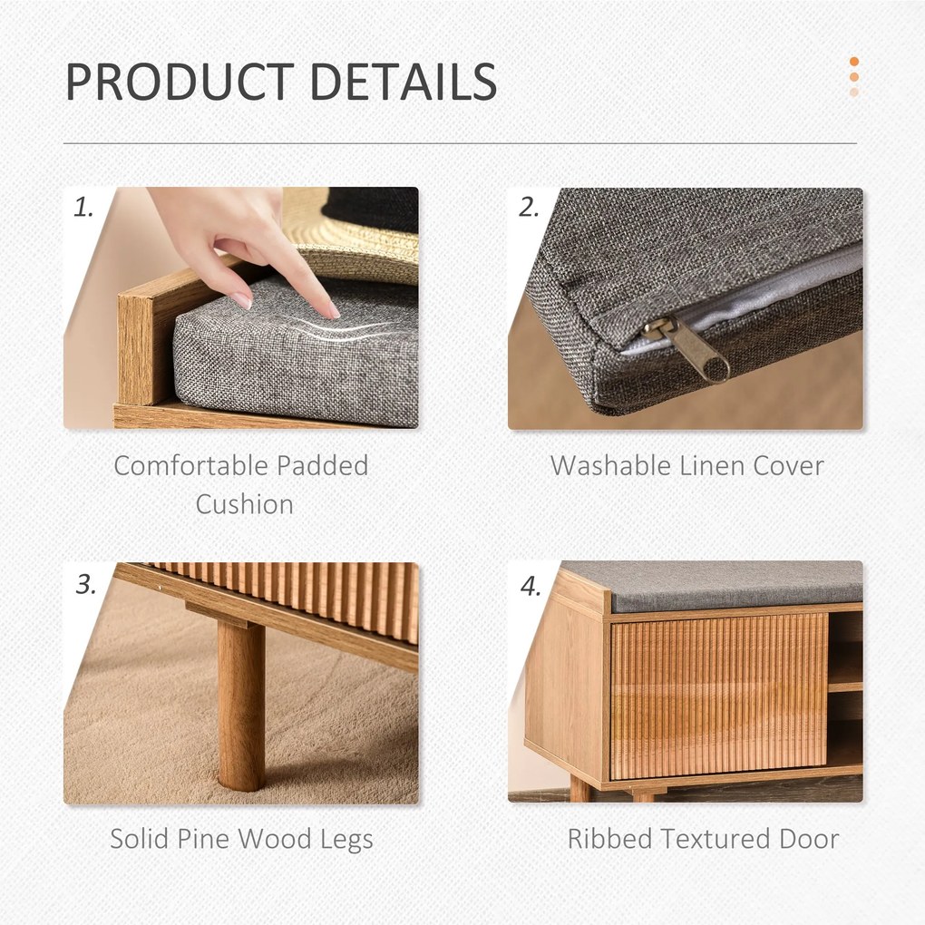 HOMCOM Mobilier Suport pentru pantofi din Lemn cu Banca capitonata, Polita si Dulapior, Culoare Naturala si Gri, 80x40x49,5 cm | Aosom Romania