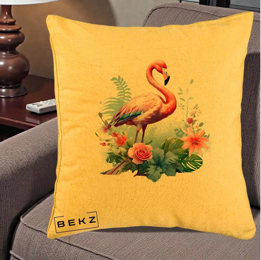 Perna Decorativa Flamingo cu Flori Tropicale Acuarela, 40x40 cm, Galben, Husa Detasabila, Perna Inclusa, BEKZ®