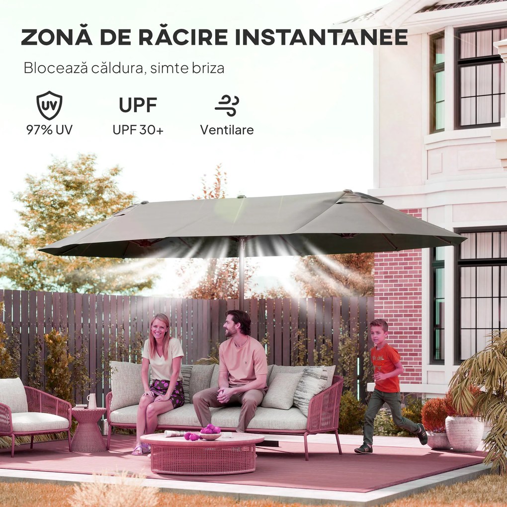 Outsunny Umbrelă Dublă pentru Grădină 455x265x238 cm, Parasolar Mare cu Manivelă Manuală, Rezistentă la Apă, Protecție Solară Gri | Aosom Romania