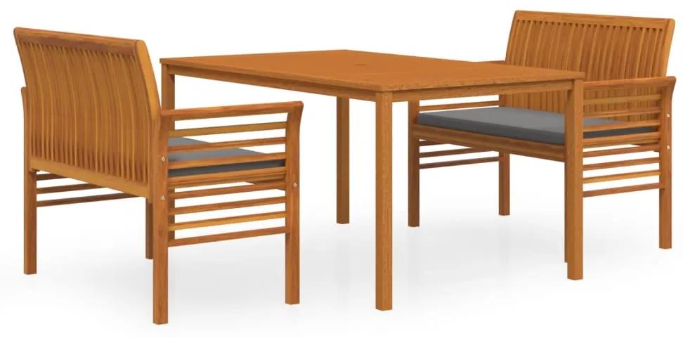 Set mobilier de exterior cu perne, 3 piese, lemn masiv acacia 2x banca + masa, Morke gra, 1