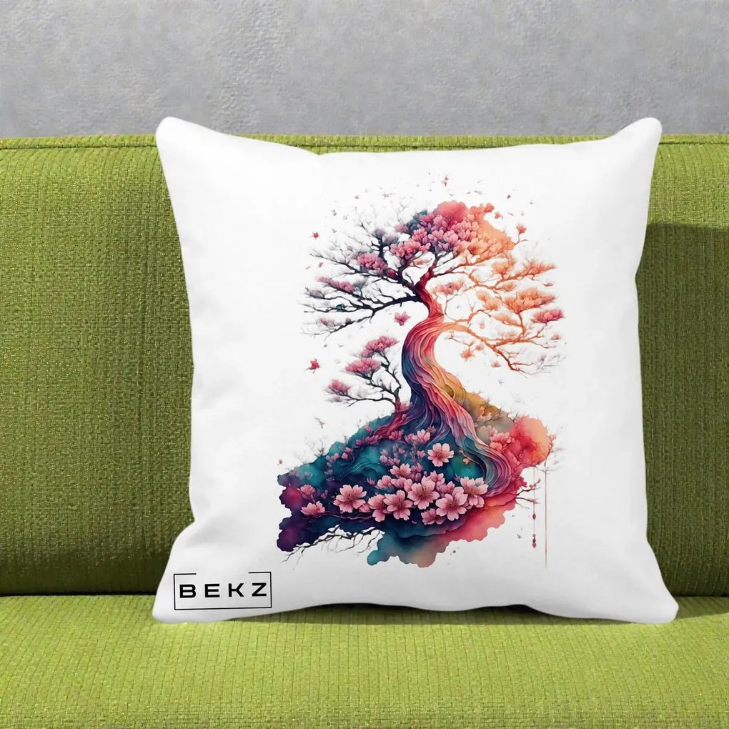 Perna Decorativa Copac Sakura Acuarela Fantasy, 40x40 cm, Alba Mata, Husa Detasabila, Perna Inclusa, BEKZ®