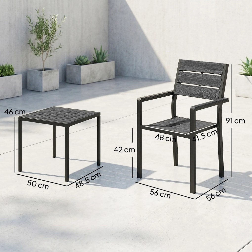 Outsunny Set bistro de grădină 3 piese masă bistro cu 2 scaune, design lamele, aspect lemn, blat HDPE rezistent la rugină | Aosom Romania