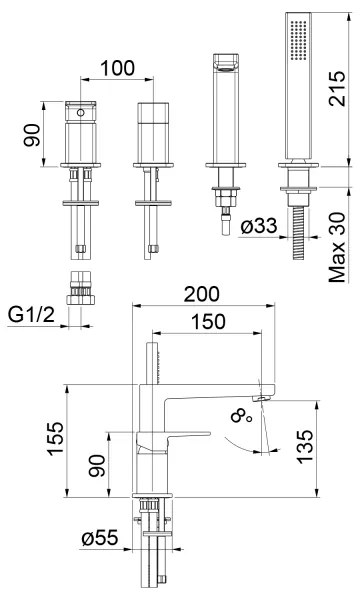 Sapho Baterie pentru cadă TURSI, montaj pe 4 găuri, crom lucios