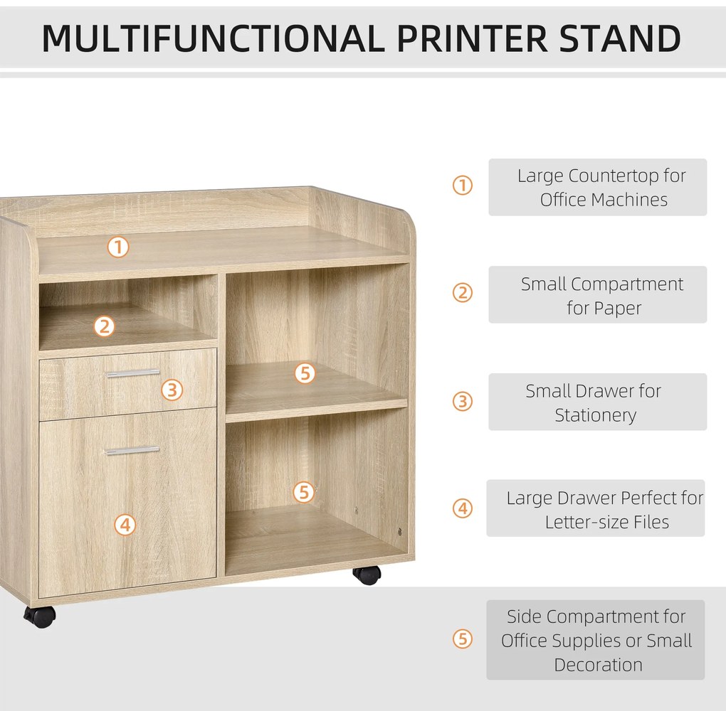 Vinsetto Suport Imprimantă Mobil, Mobilă Birou Multifuncțională, 4 Roți, Stejar, 80x40x72cm | Aosom Romania
