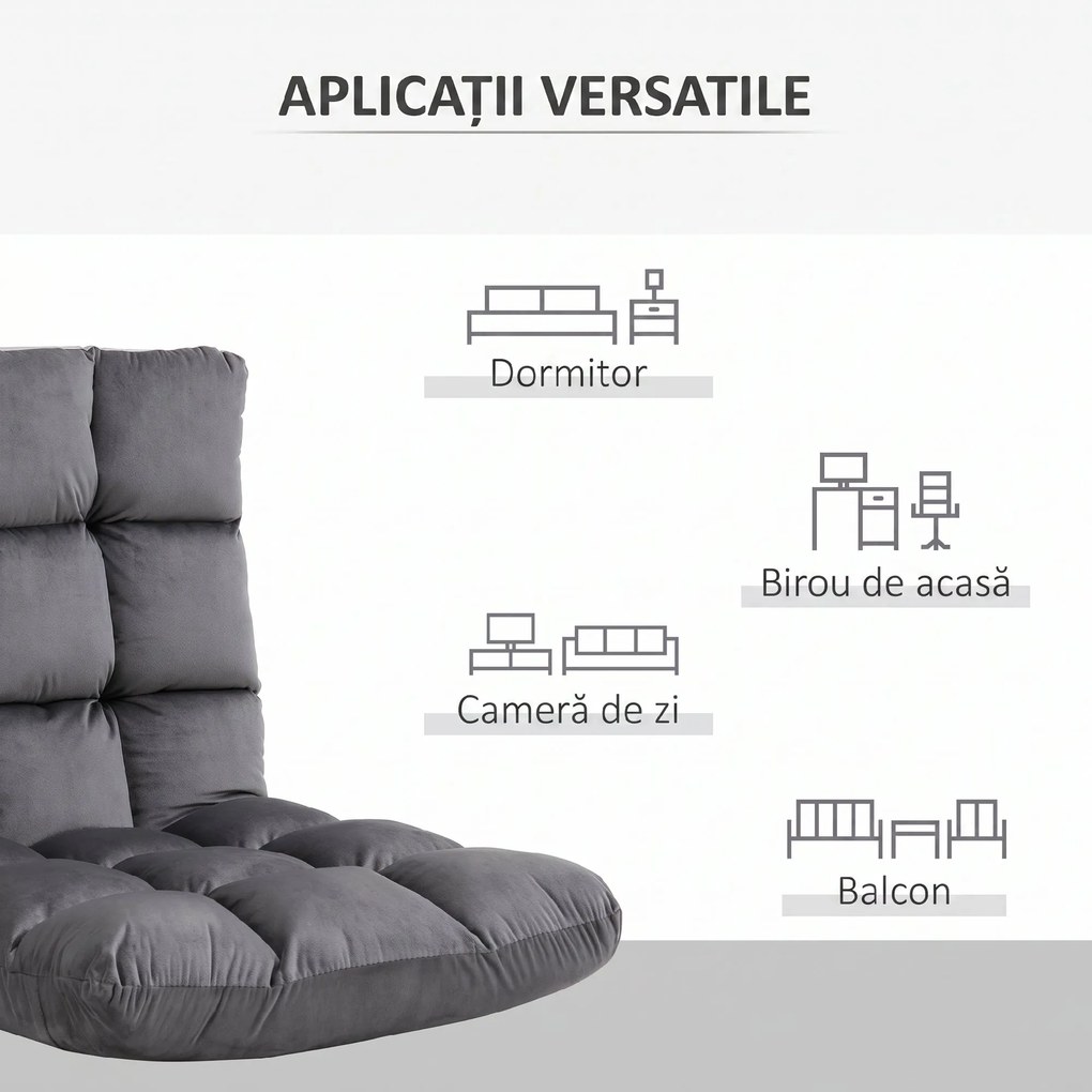 HOMCOM Fotoliu de Podea din Catifea cu Spătar Reglabil până la 180° și Tapițerie Groasă, 55x71x53.5cm, Gri Închis | Aosom Romania