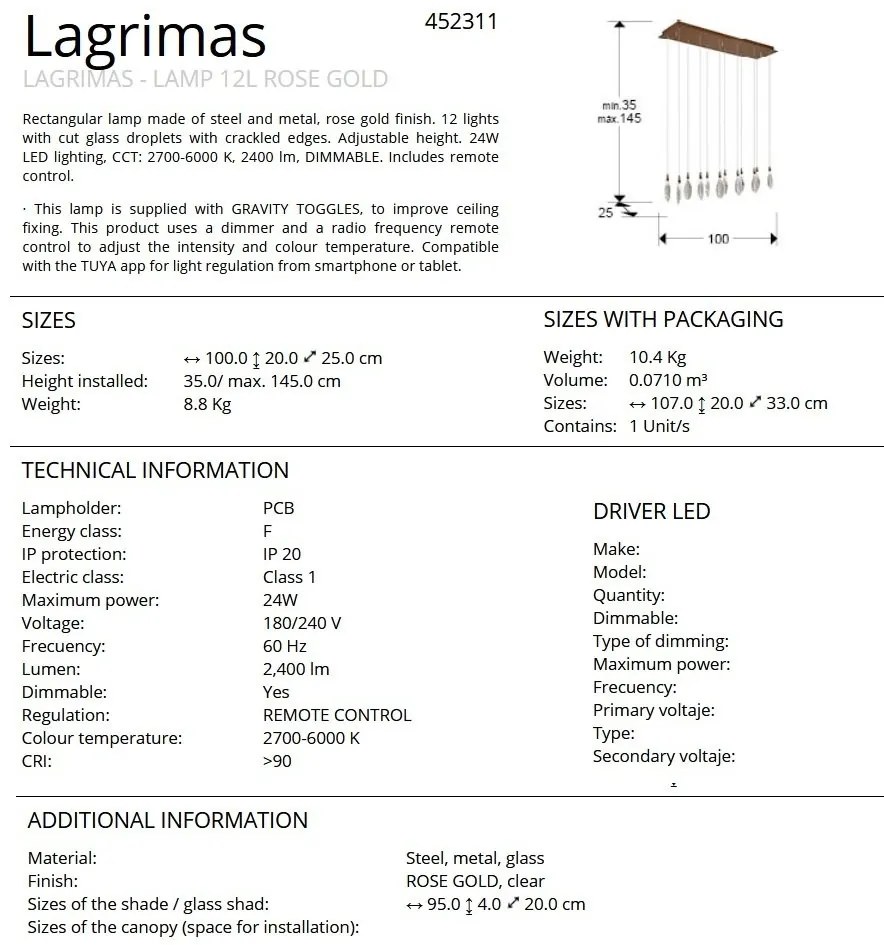 Lustra cu 12 pendule LED CCT cu telecomanda Lagrimas