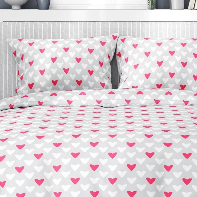 Goldea lenjerie de pat din bumbac - model 510 - inimioare roz și albe pe gri 140 x 200 și 70 x 90 cm
