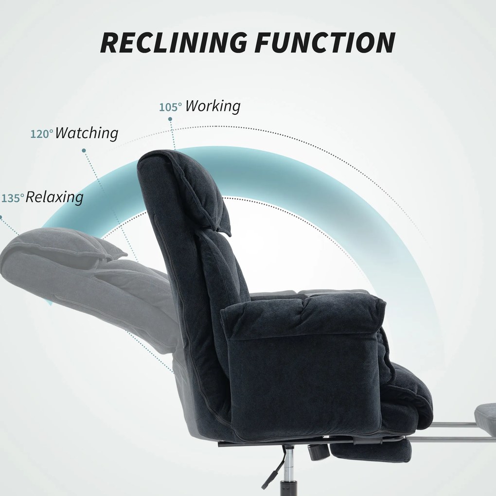 HOMCOM Scaun de Birou Directorial în Catifea cu Suport pentru Picioare și Spumă de Înaltă Reziliență, Fotoliu de Birou Reclinabil cu Spătar Înalt, Brațe Îmbunătățite, Înălțime Reglabilă și Roți, Negru | Aosom Romania