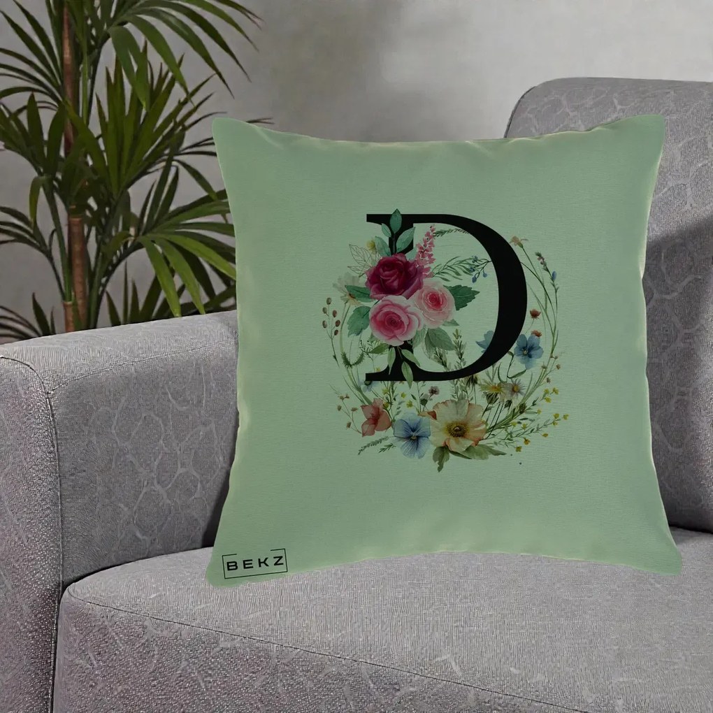 Cadou Personalizat - Perna Personalizata Monogram Litera D cu Flori Acuarela, 40x40 cm, Verde, Husa Detasabila, Perna Inclusa, BEKZ®