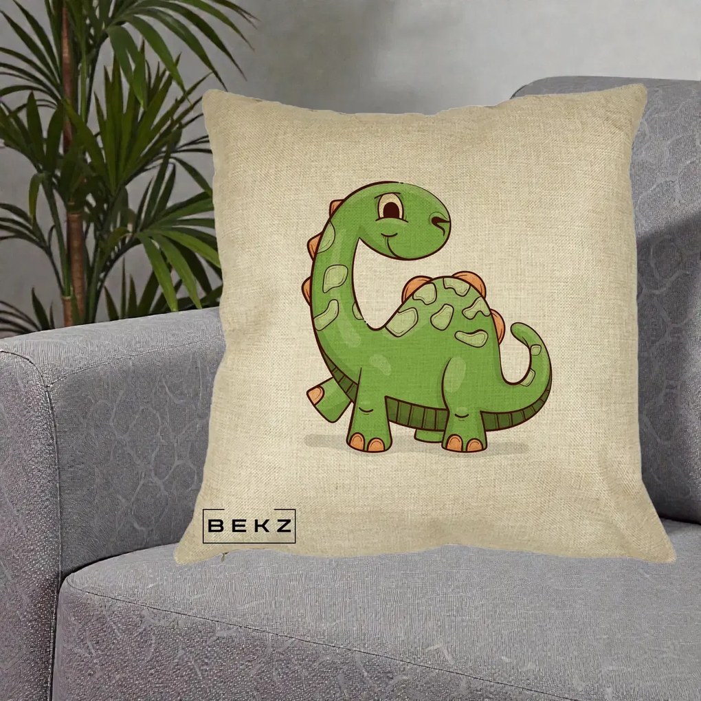 Perna Decorativa Brontosaur Verde Simpatic, 40x40 cm, Crem, Husa Detasabila, Perna Inclusa, BEKZ®