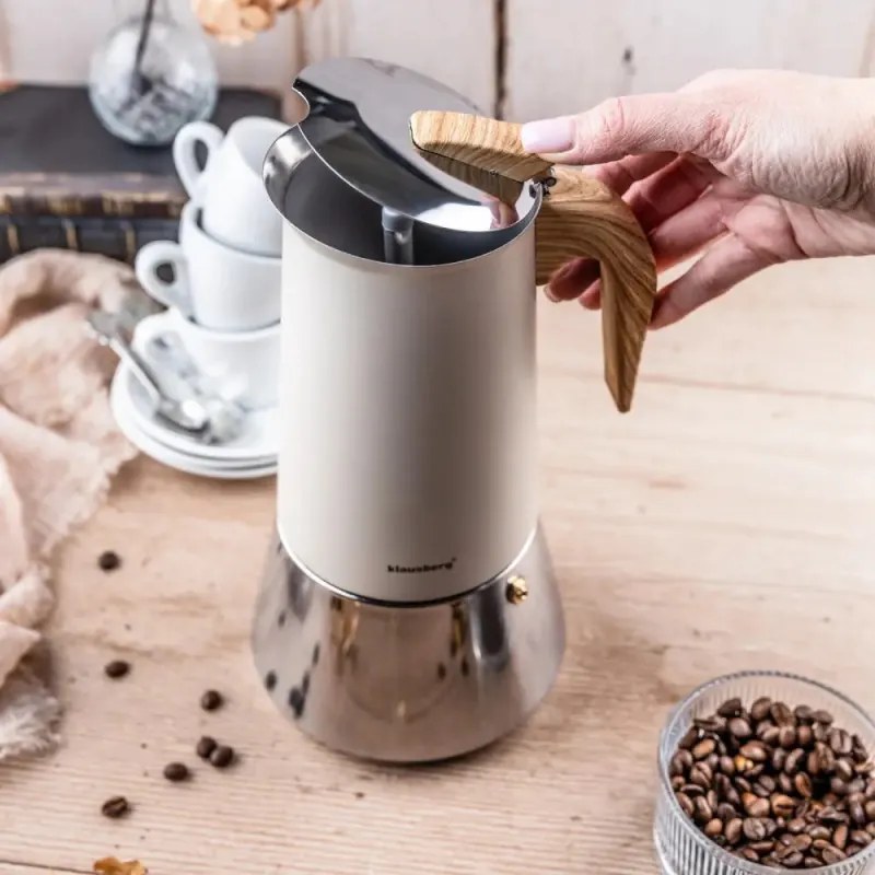 Aparat electric de cafea espresso cubanez Klausberg KB 7997, 600 ml, 12 cesti, Supapa de siguranta, Otel, Inductie, Bej
