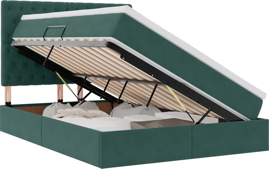 vidaXL Pat cu saltea și spațiu de depozitare Verde închis 140 x 190 cm