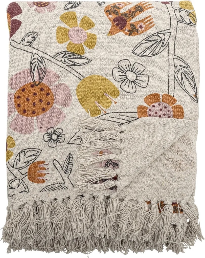Pătură din bumbac reciclat, multicolor, cu model floral imprimat și franjuri, 160x130 cm, „Vivielle"