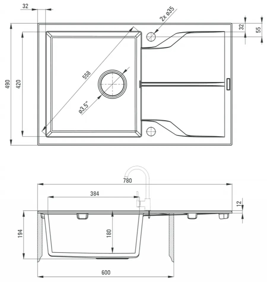 Chiuveta bucatarie compozit cu picurator alb mat 78 cm Deante Andante 780x490 mm, Alb mat