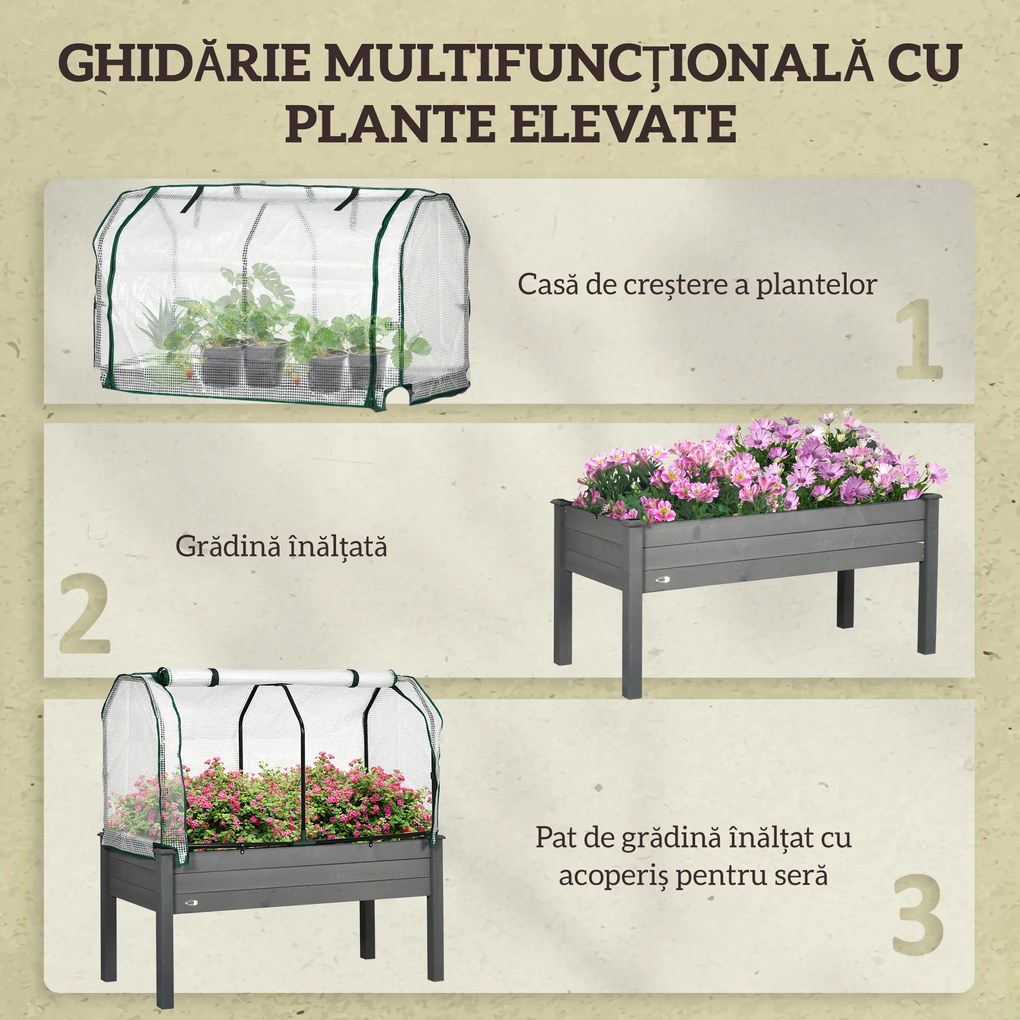 Outsunny Pat de Grădină Înălțat cu Acoperiș din PE, Jardinieră din Lemn pentru Exterior cu 4 Orificii de Drenaj, pentru Flori și Legume, pentru Grădină, Balcon, 121x55x117 cm, Gri Închis | Aosom Romania