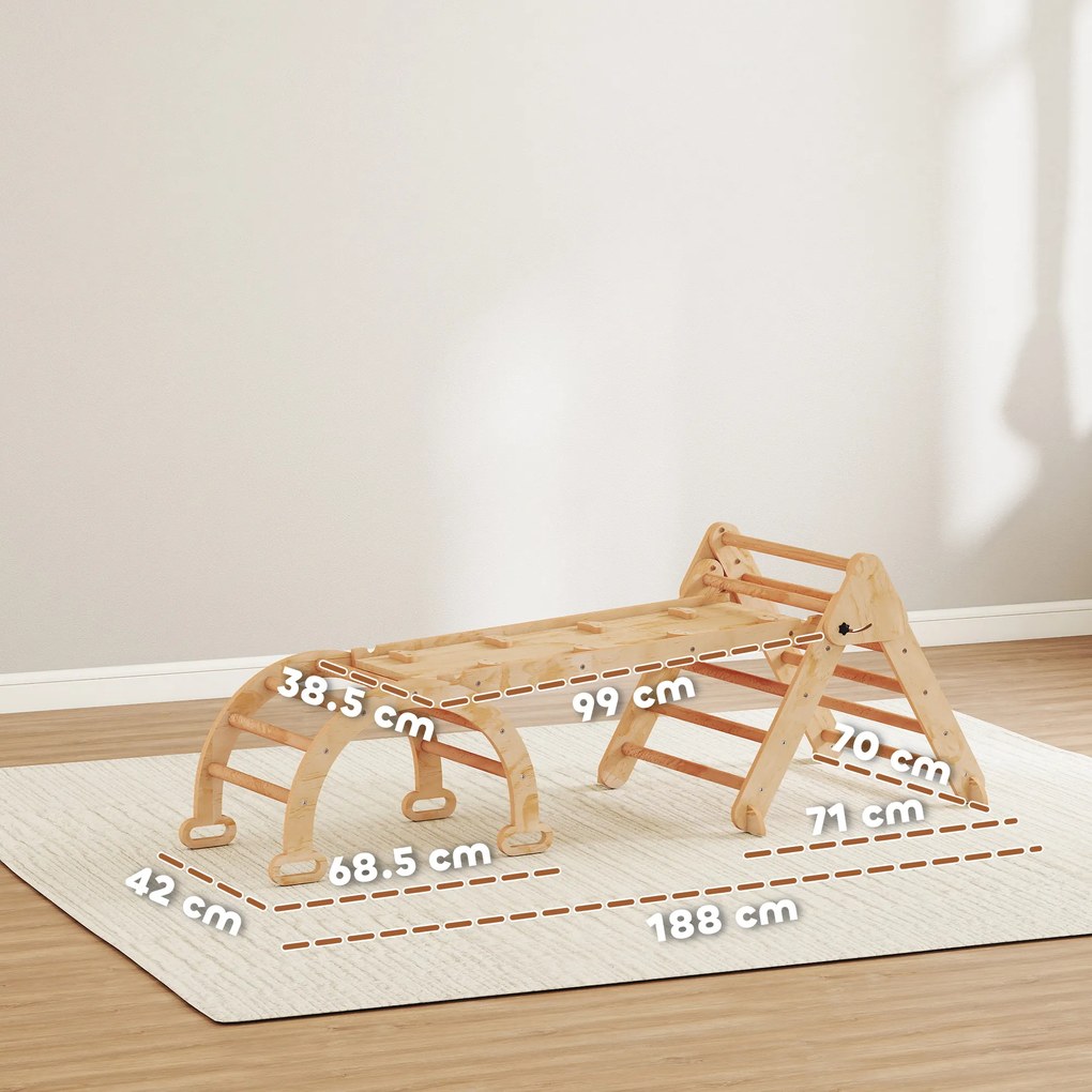 AIYAPLAY Joc pentru Copii 5 în 1 cu Triunghi, Tobogan Neted și Arc, din Lemn de Plop și Pin, 188x70x59 cm | Aosom Romania