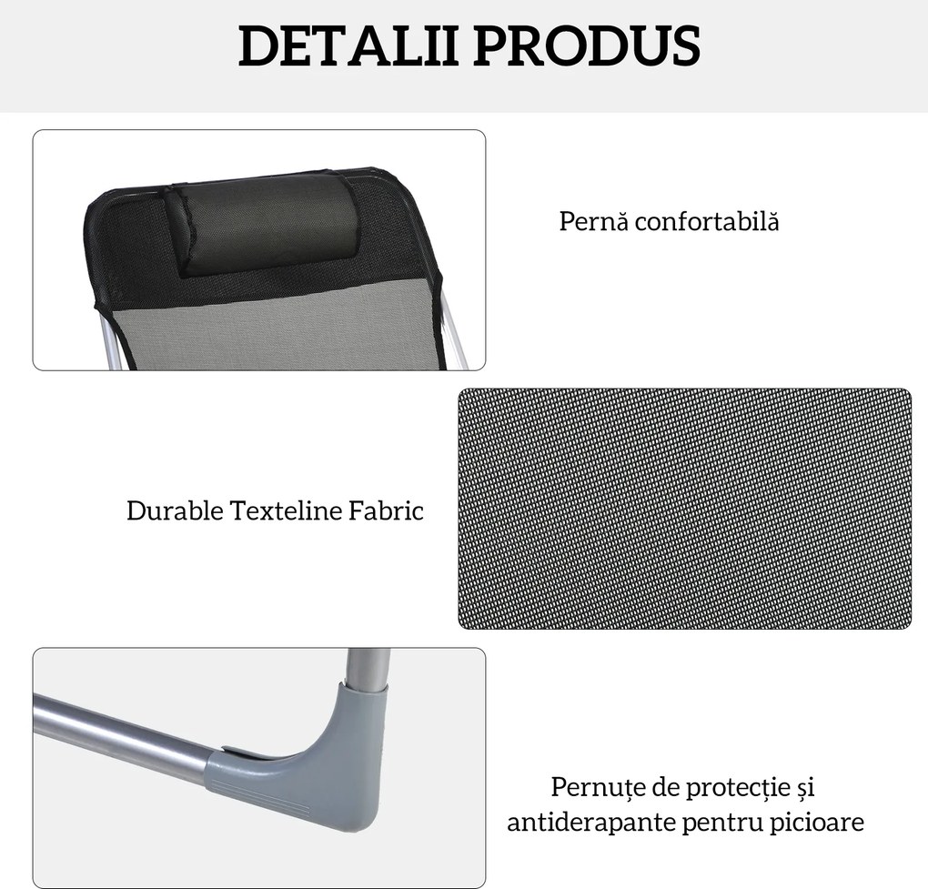 Outsunny Șezlong Pliabil cu Spătar Reglabil pe 5 Nivele și Pernă, Șezlong de Grădină cu Material Respirabil Textilen, pentru Plajă, Piscină, Grădină, 182x56x28 cm, Negru | Aosom Romania