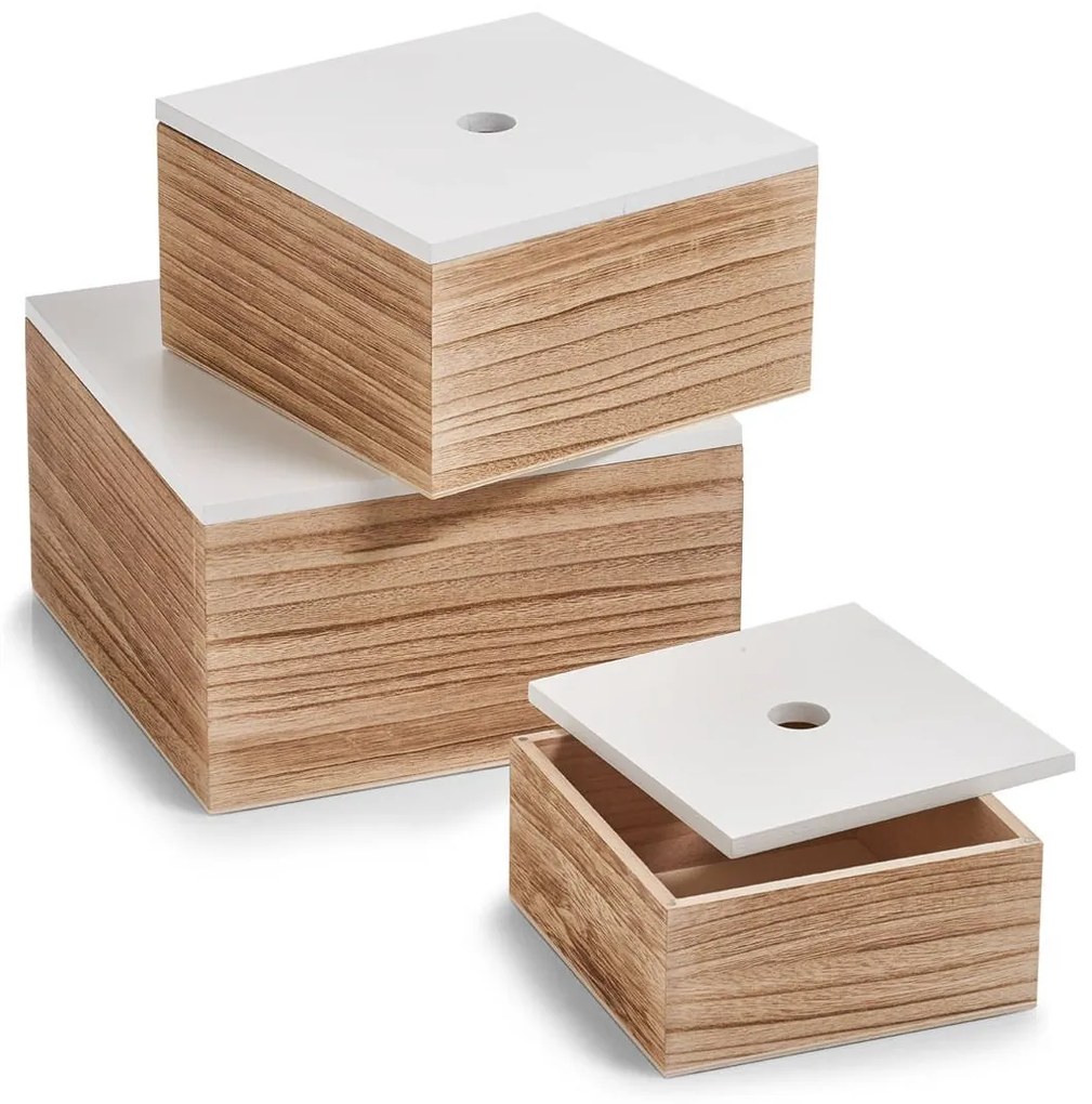 Set 3 cutii depozitare cu capac Zeller, Lemn, Maro/Alb