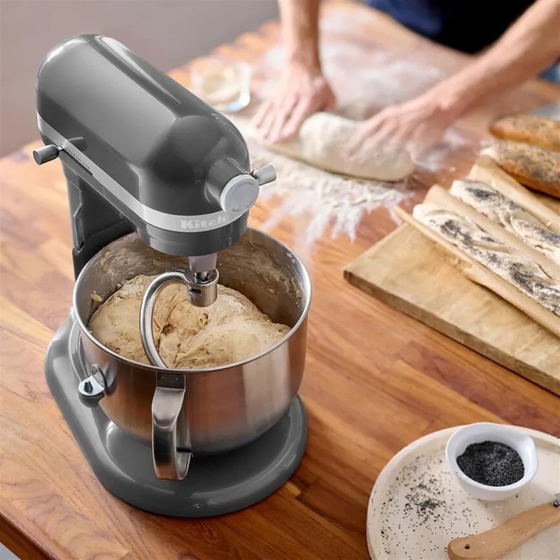 Mixer planetar KitchenAid Artisan 5KSM70SHXEMS Medallion silver, 375 W, 6,6 l, 11 viteze, 67 de puncte de contact, Ridicare bol, Viteză speciala „Fold”, Flex Edge, Gri metalizat