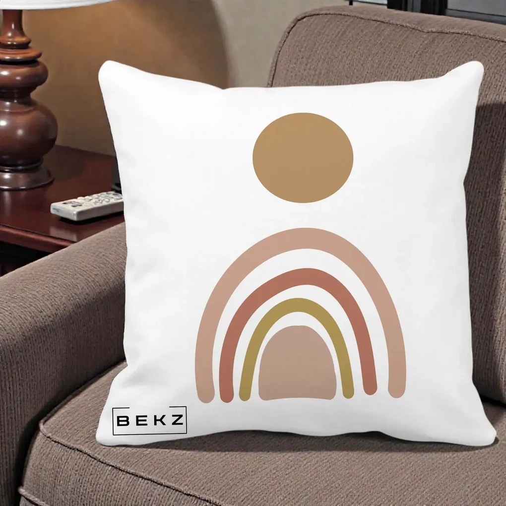 Perna Decorativa Boho Rainbow Sun, 40x40 cm, Alba Mata, Husa Detasabila, Perna Inclusa, BEKZ®