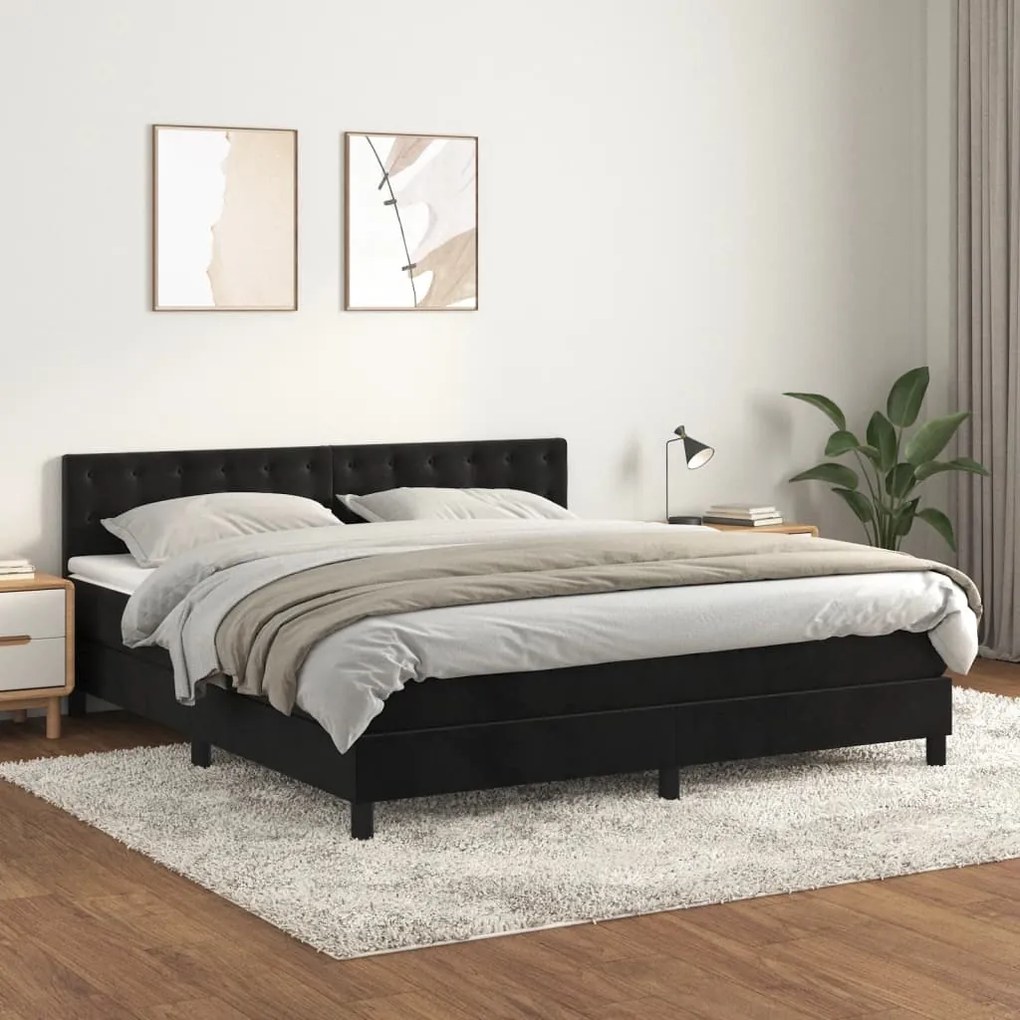 Pat box spring cu saltea, negru, 180x200 cm, catifea Negru, 180 x 200 cm, Nasturi de tapiterie