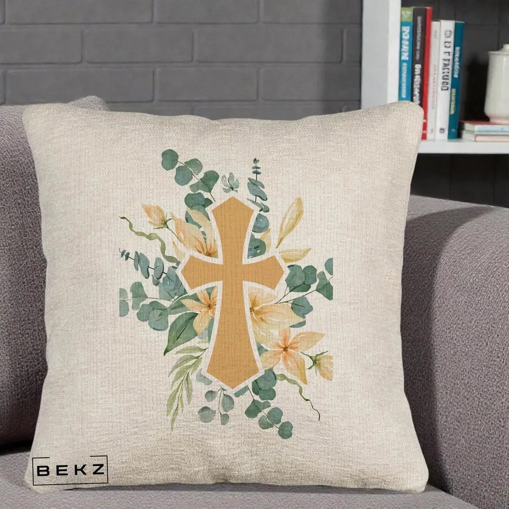 Perna Personalizata Cruce Florala Botez, 40x40 cm, Bej Canapea, Husa Detasabila, Perna Inclusa, BEKZ®
