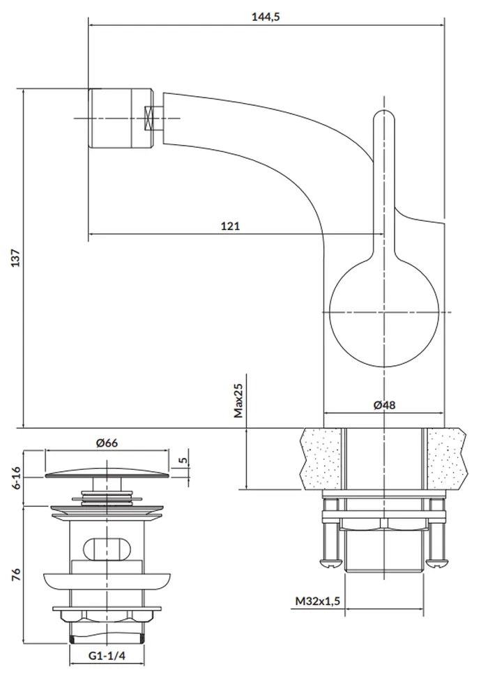 Baterie bideu cu ventil inclus Cersanit Luvio, crom lucios