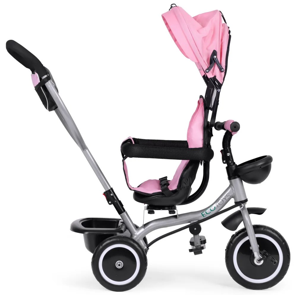 Triciclu triciclu cu scaun pivotant și parasolar pliabil 2in1 roz