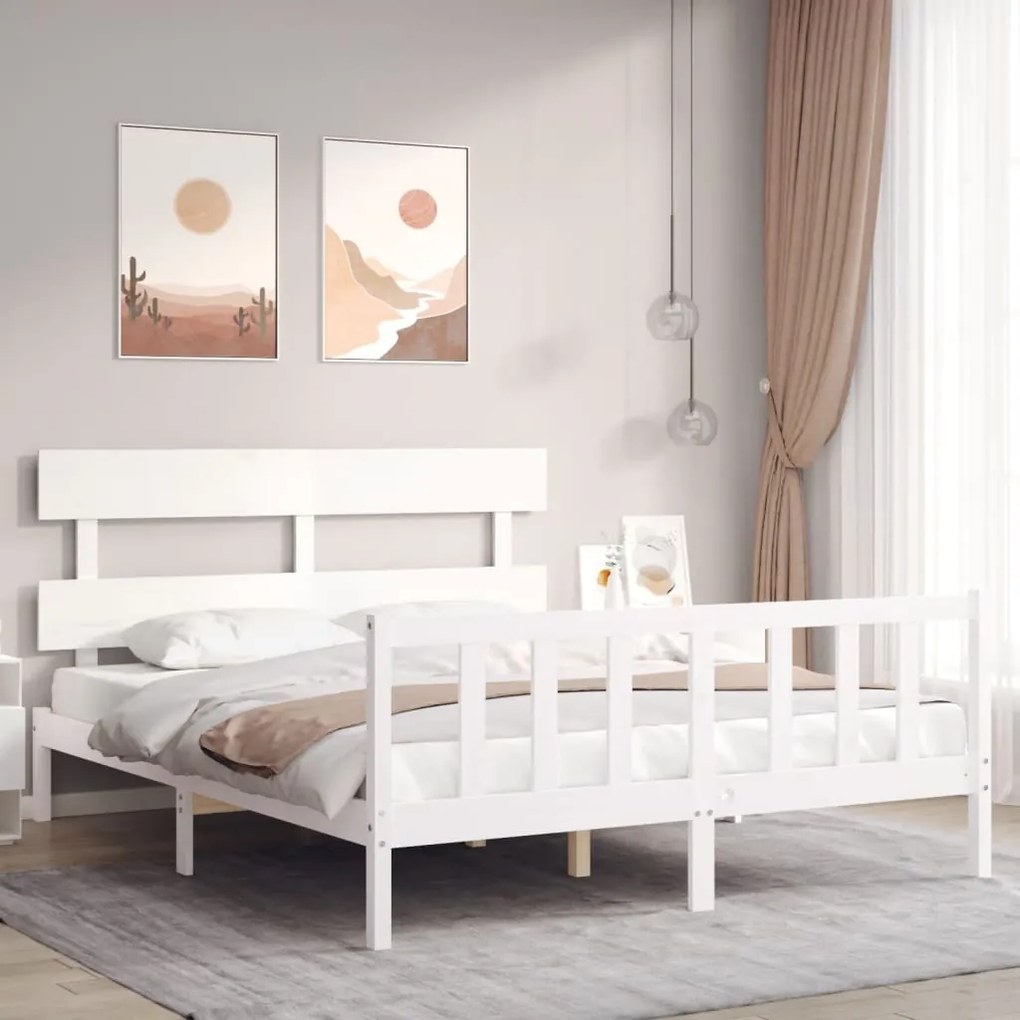 3193277 vidaXL Cadru de pat cu tăblie, alb, king size, lemn masiv
