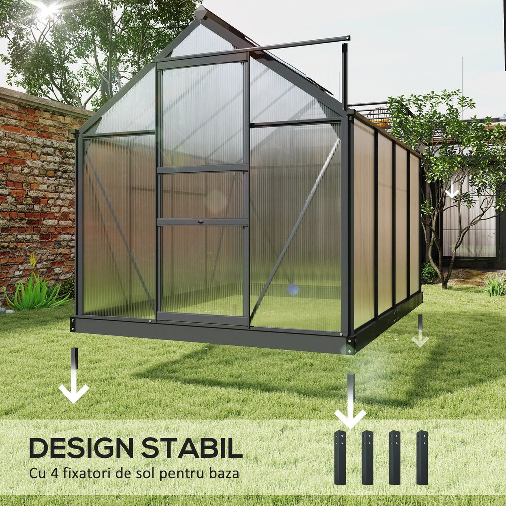Outsunny Seră de Grădină, Seră din Policarbonat și Aluminiu cu Ușă Culisantă, Ventilație pe Acoperiș și Jgheab, 190x192x201 cm, Gri | Aosom Romania