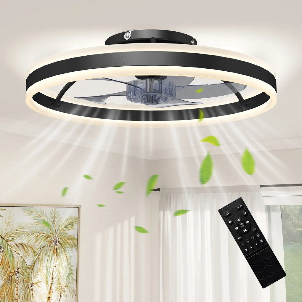 HOMCOM Ventilator de tavan cu lumină LED 6 viteze Motor reversibil și control la distanță Putere 45 W Ø50x13,5 cm Negru | Aosom Romania