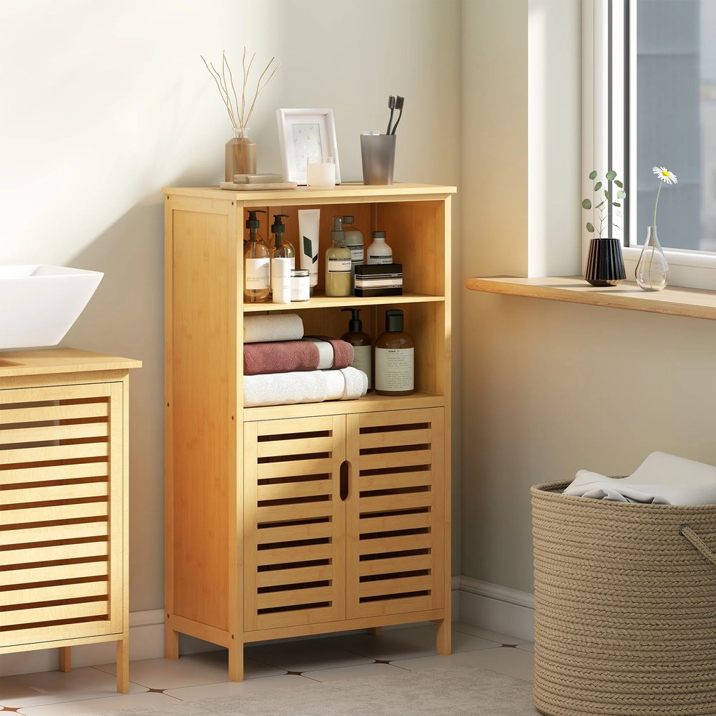 kleankin Mobile Bagno in Bambù, Mobiletto Bagno Salvaspazio con 2 Ante a Persiana e Ripiani Aperti, Armadietto da Terra per Sala da Pranzo, Salotto, Soggiorno, Cucina, 50x29x92 cm, Color Legno | Aosom Romania