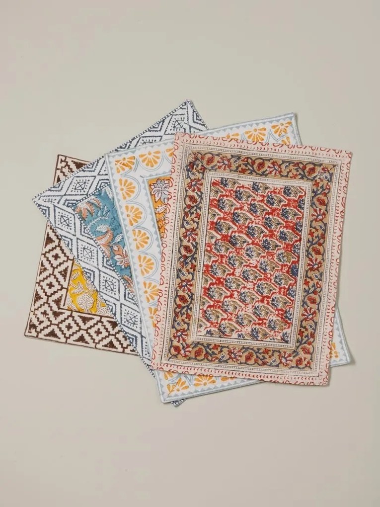 Set 4 protectii pentru masa, din bumbac, Blockprint