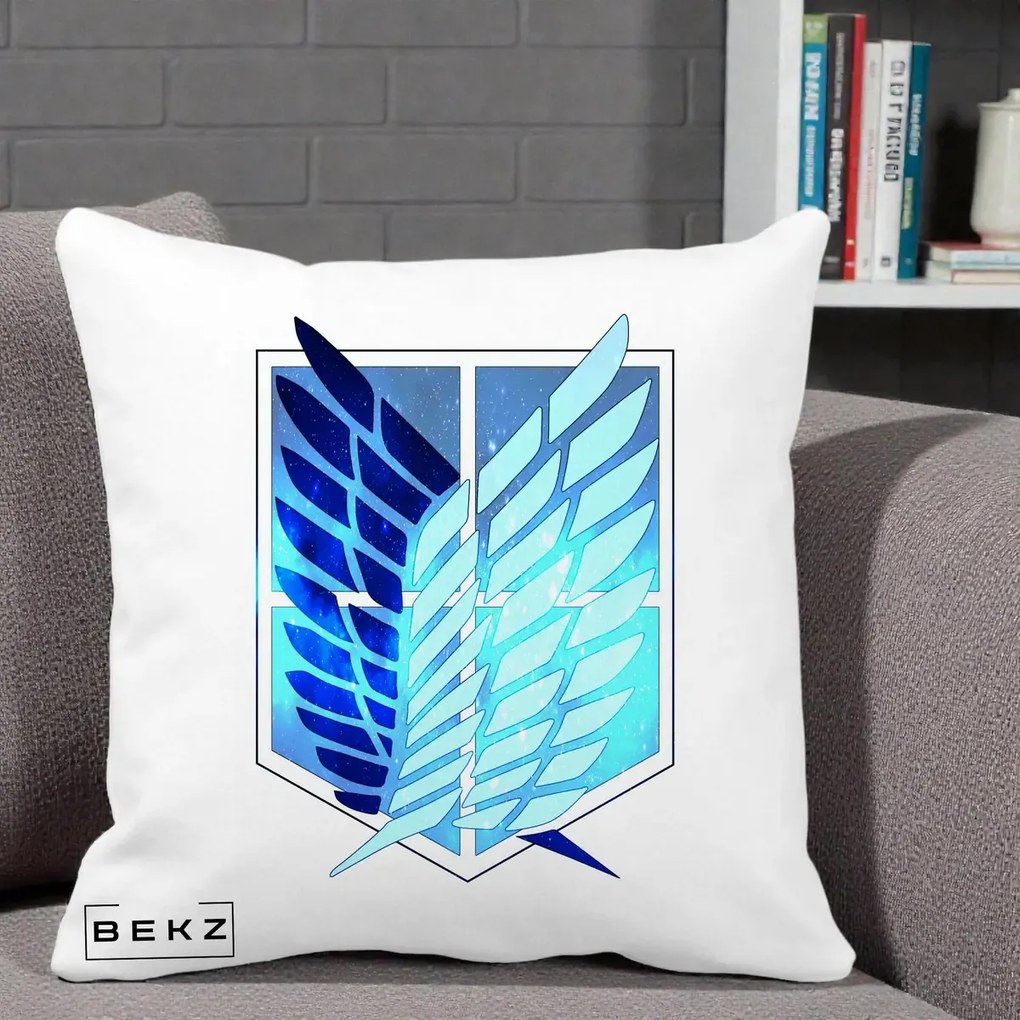 Perna Personalizata Attack on Titan Wings of Freedom, 40x40 cm, Alba Mata, Husa Detasabila, Perna Inclusa, BEKZ®