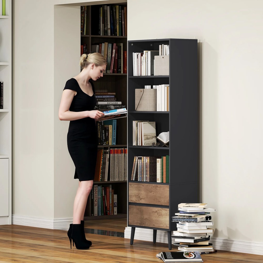 HOMCOM Bibliotecă mobilier de depozitare cu 4 compartimente deschise și 2 sertare, 60 x 30 x 179 cm, gri | Aosom Romania