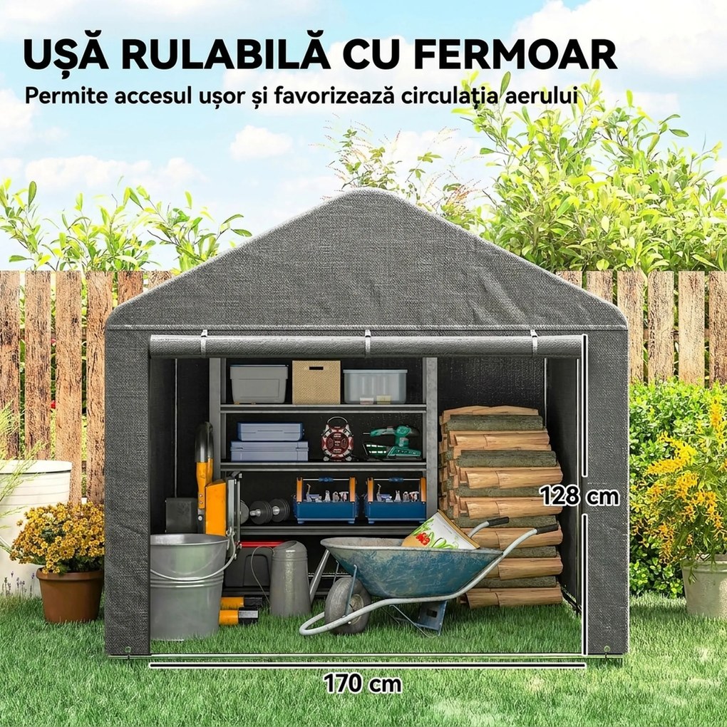 Outsunny 2x2.4 m Cort pentru Depozitare în Grădină, Cort Garaj cu Acoperire Impermeabilă, Ușă Rulabilă cu Fermoar, pentru Biciclete și Unelte, Metal Zincat, Gri Deschis | Aosom Romania