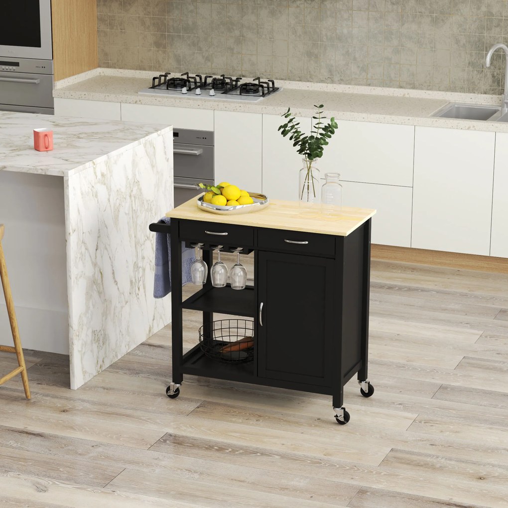 HOMCOM Cărucior de Bucătărie cu Sertare, Roți și Dulap cu 2 Uși 89x40x84 cm Negru | Aosom Romania