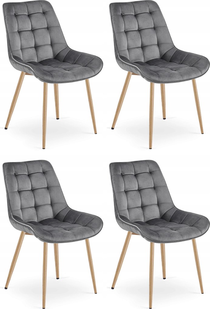 Set 4 Scaune Bucatarie/Dining Joy Gri Inchis Deschis, Catifea, Picioare Metalice, Finisaj Lemn
