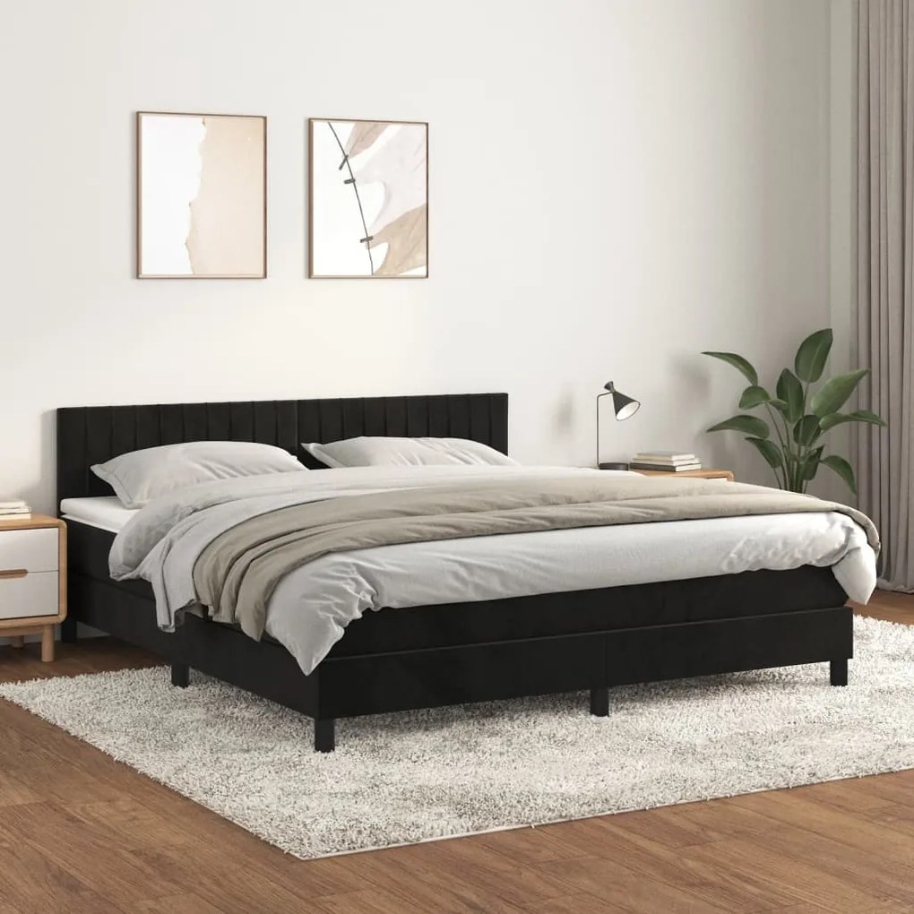 Pat box spring cu saltea, negru, 180x200 cm, catifea Negru, 180 x 200 cm, Benzi verticale