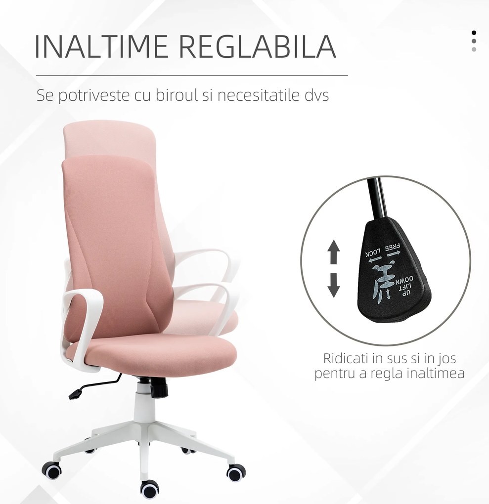 Vinsetto Scaun de birou ergonomic și căptușit, cu înălțime ajustabilă și balans, 62x56x110-119,5 cm, roz | Aosom Romania