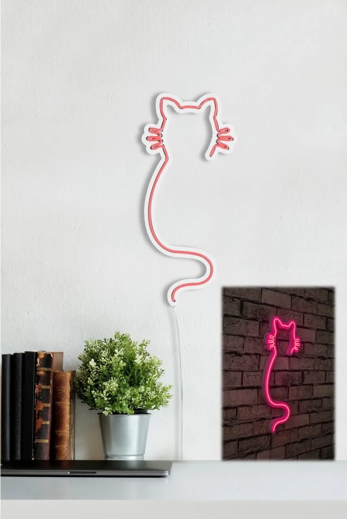 Decoratiune luminoasa LED de perete Cat Roz 22x48x2 cm