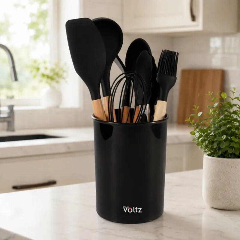 Set ustensile de bucatarie cu suport Oliver Voltz OV51612CB, 8 piese, Silicon, Rezistente la temperaturi ridicate, Suport, Negru