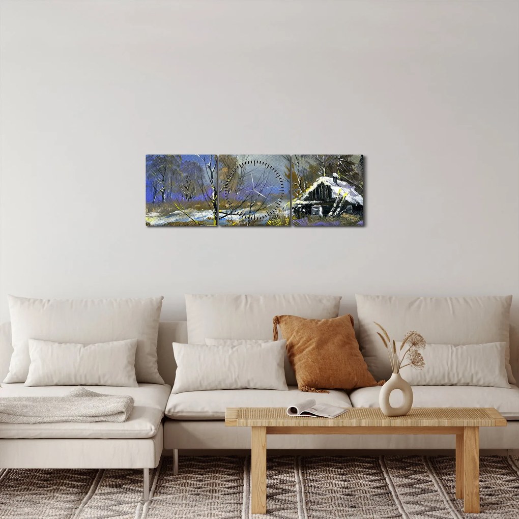 Tablou -Cabane într-un peisaj de iarnă, pictură în ulei (cu ceas) (90x30 cm)