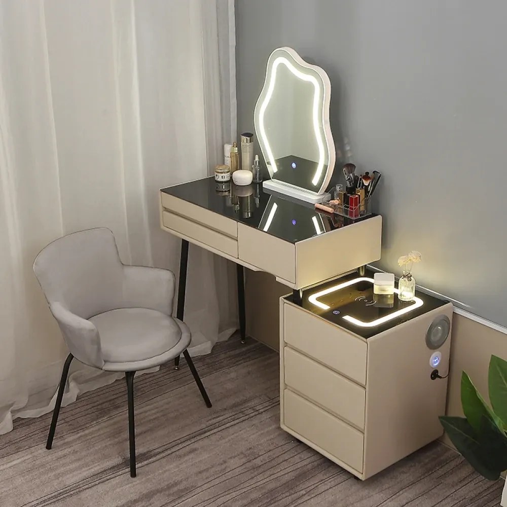 RESIGILAT- Set ISIDORE, Masă de toaletă pentru machiaj, incarcare Wireless+USB, oglindă iluminată LED, control touch, trei tipuri culoare, 6 sertare, comodă iluminata LED, difuzor Bluetooth, scaun, 80 cm