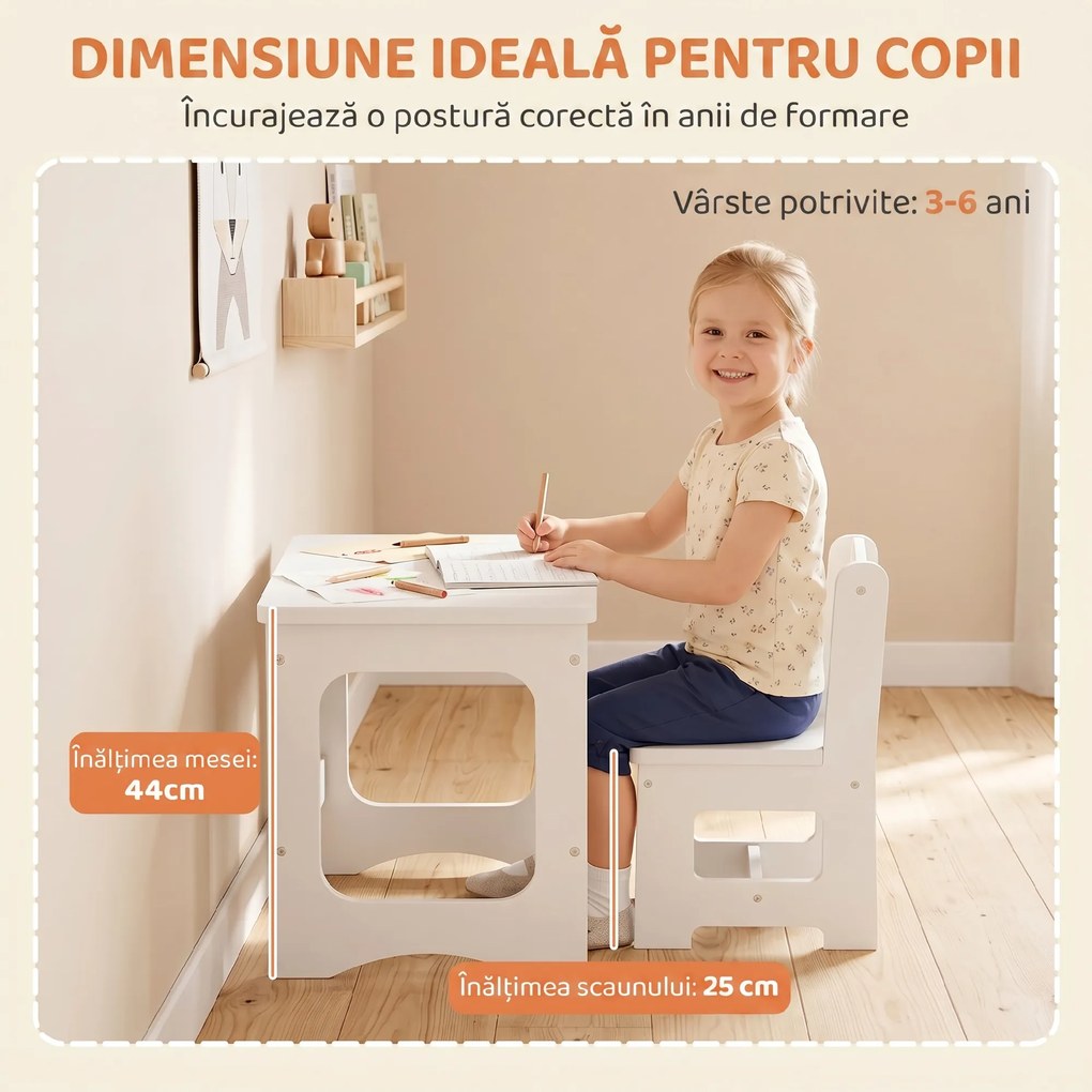 AIYAPLAY Set Masă și Scaun pentru Copii 3-6 Ani din Lemn cu Blat Reversibil, Colțuri Rotunjite, Alb | Aosom Romania