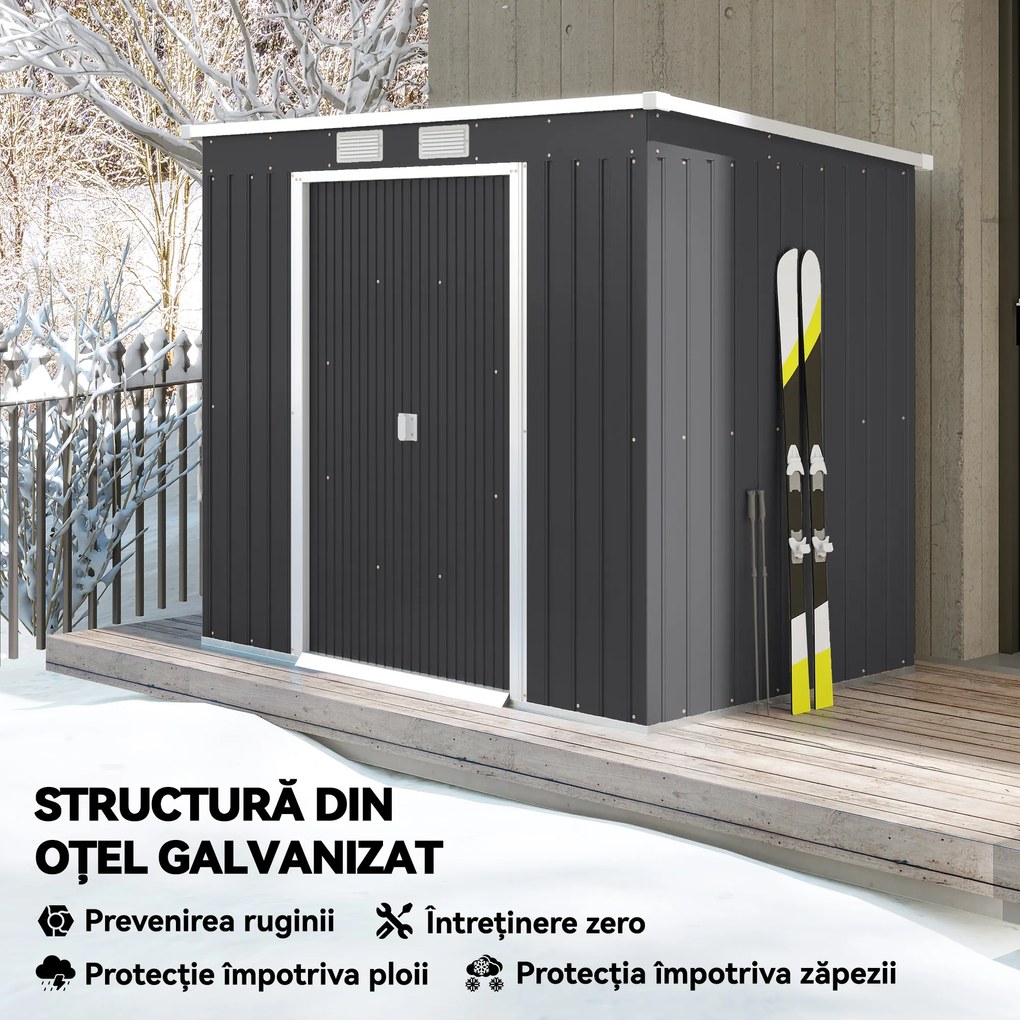 Outsunny Adăpost de Grădină Metalic în Alipire cu Kit de Fundație, Ușă Dublă, Ventilații și Acoperiș Înclinat, Gri | Aosom Romania