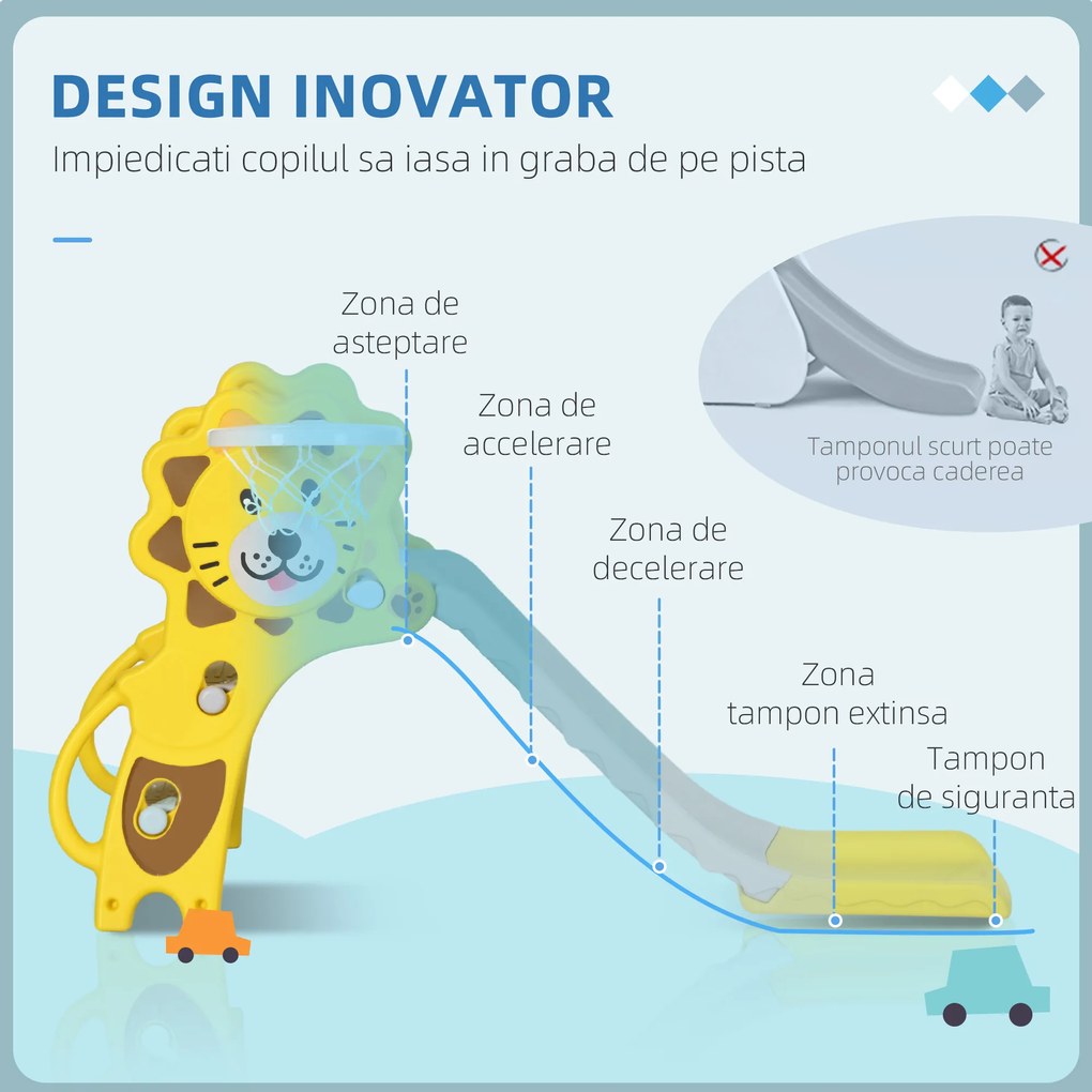 AIYAPLAY Tobogan 2 in 1 pentru Copii 1 pentru Utilizare in Interior, Durabil si Stabil cu Tema de Leu, cu Cos de Baschet, pentru 18-36 luni, Galben