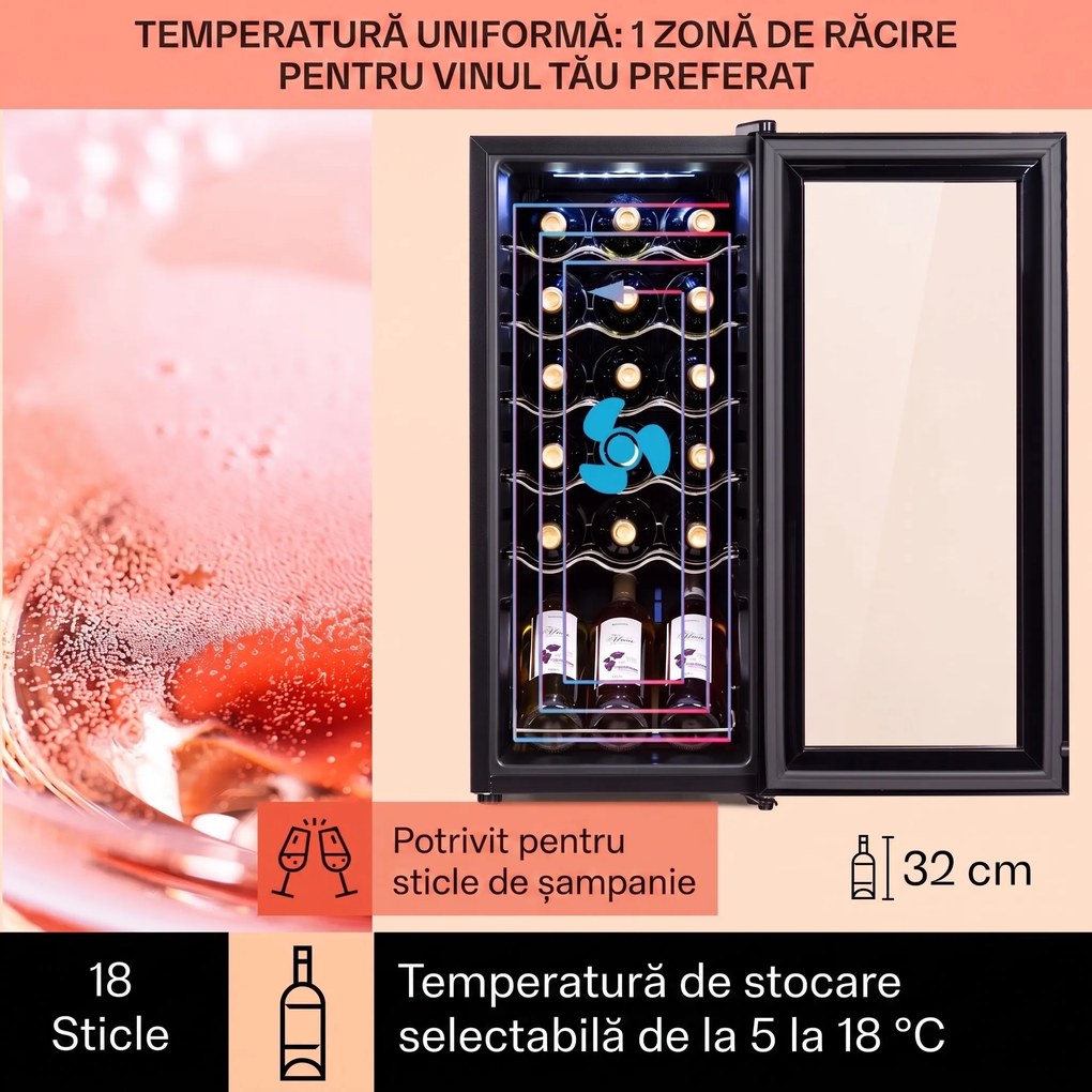 Klarstein Shiraz 18 Uno, frigider pentru vin, 50 litri, 18 sticle, panou de control tactil, 5-18°C
