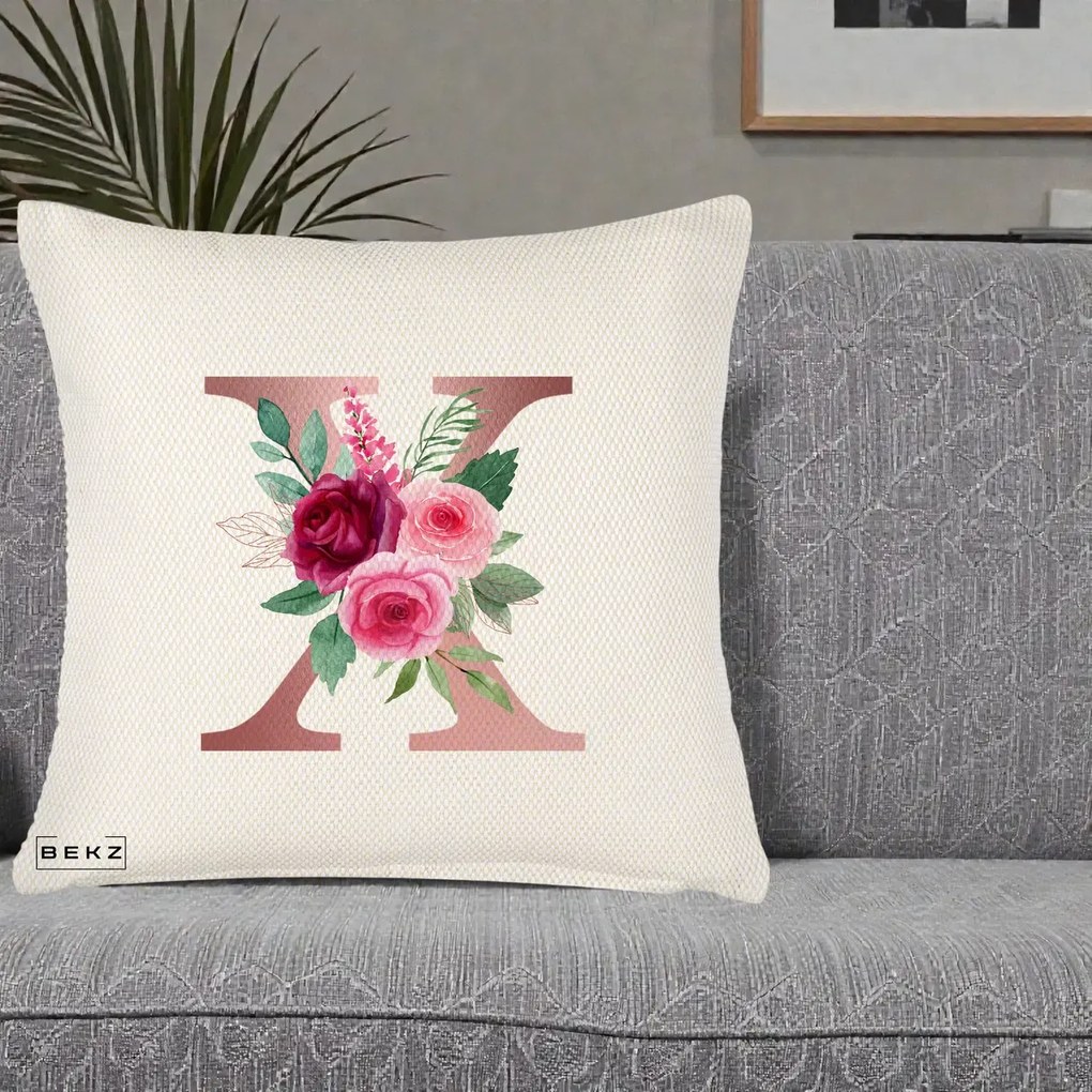 Cadou Personalizat - Perna Personalizata Monograma Rose Gold Litera X, 40x40 cm, Crem Reliefat, Husa Detasabila, Perna Inclusa, BEKZ®